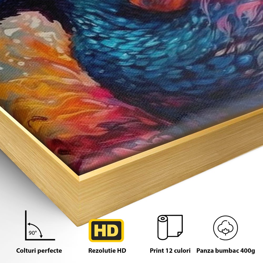 Detaliu al suprafetei: tablou canvas cu paun in flacari, in rama de aluminiu auriu